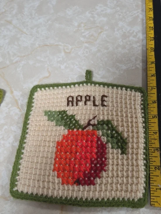 Handmade Crocheted Fruit Potholders - Strawberry & Apple - Cream and Green - Picture 8 of 11